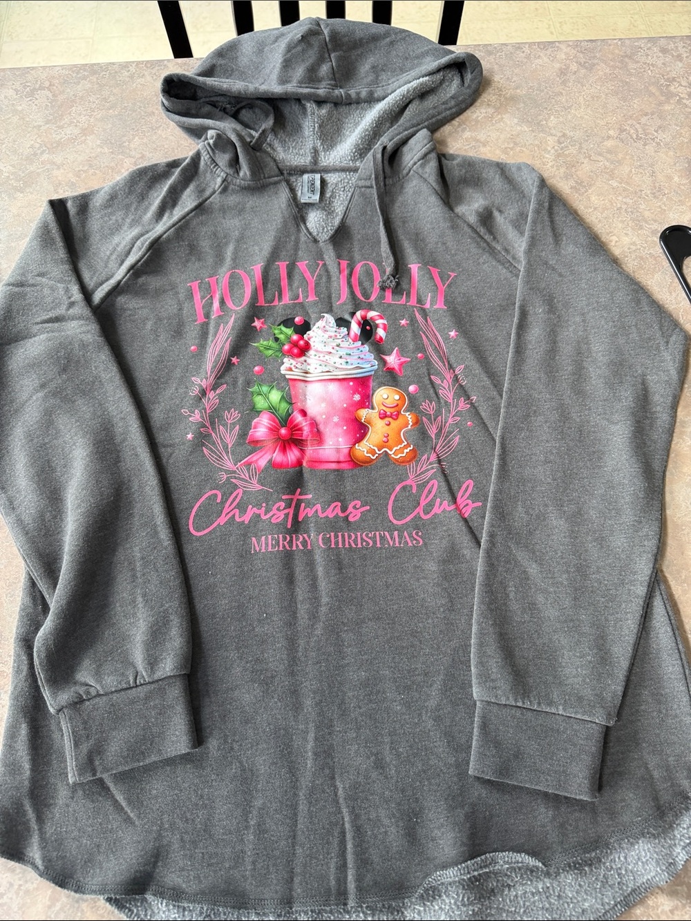 Holly Jolly Christmas Club Hooded Sweatshirt - Gray with Pink Graphic